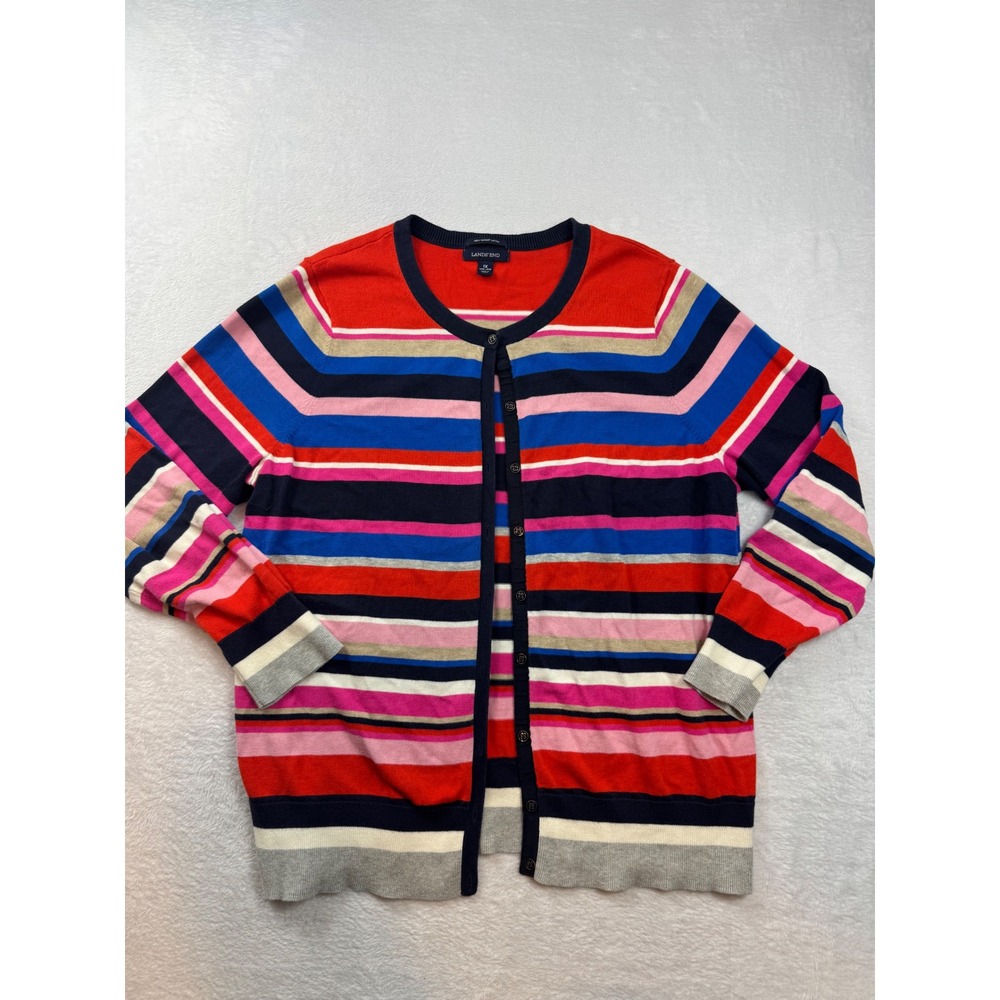 Lands End Womens 1X Multi Color Striped Cotton Button Front Cardigan Sweater